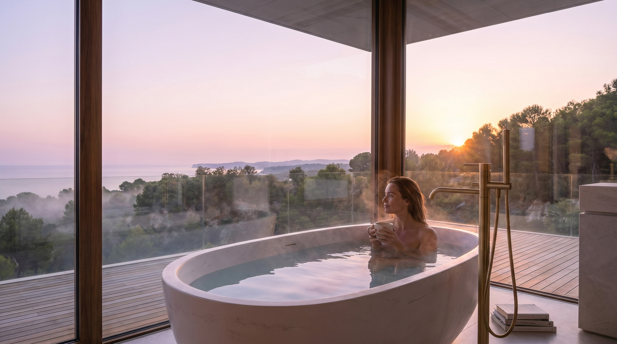 The luxury Meissen Attivo freestanding Mixer in satin brass paired with a freestanding bath. The luxury bathroom with a view uses large glass windows and wood to create a luxury elevated bathroom experience