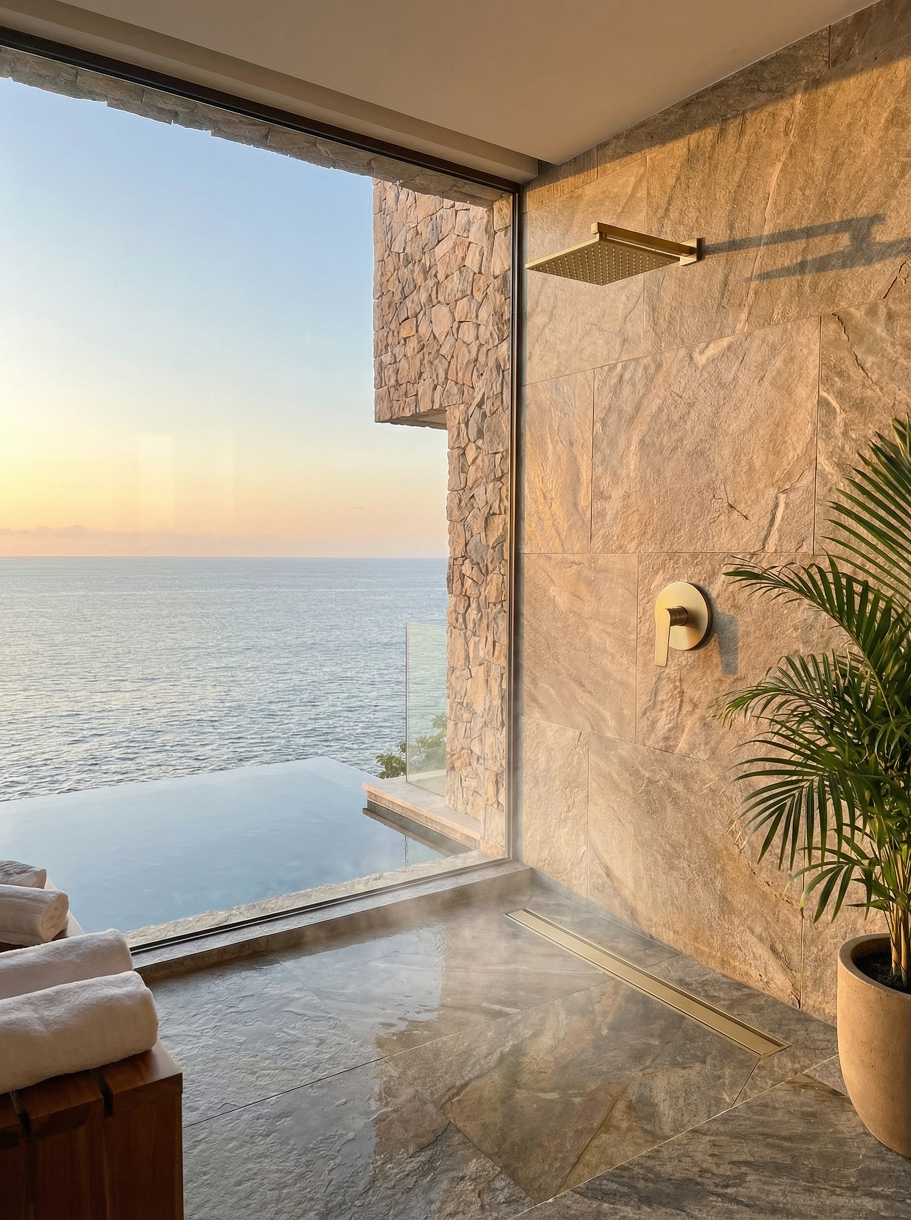 Luxury Meissen Shower Scene showcasing the square shower rose, vita concealed shower mixer and a reversible shower channel. the tapware is in a satin brass finish and os paired with stone tiling creating a spa like scene