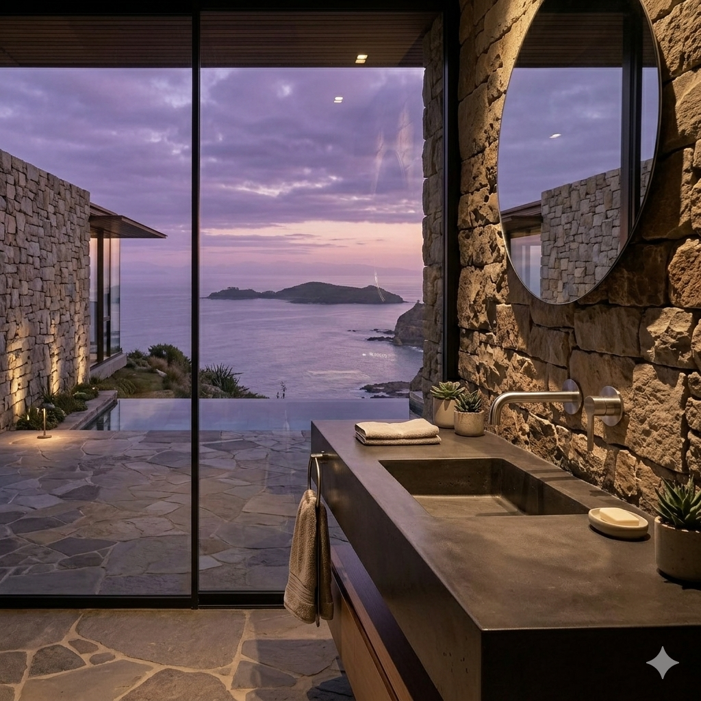 meissen Attivo wall mounted basin mixer in luxury bathroom. the tap has a brushed stainless steel finish